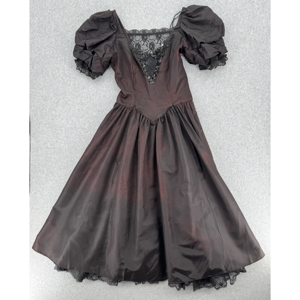 Gunne Sax Jessica McClintock Black Gothic Beaded Lace Puff Sleeve Dress 13